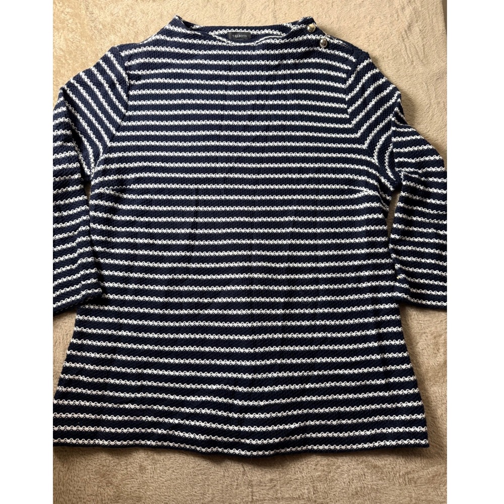 Talbots Navy White Striped Cotton Sweater Boat Neck L Old Money Classy Preppy
